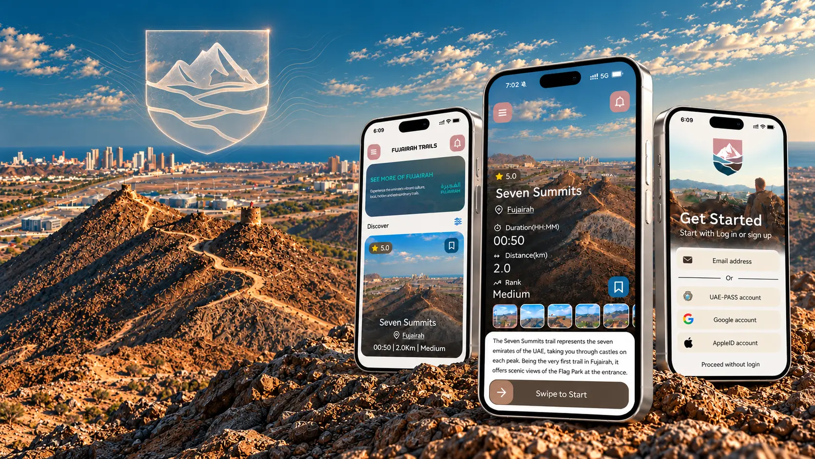 Fujairah Trails app artwork with discovery, trail details and onboarding