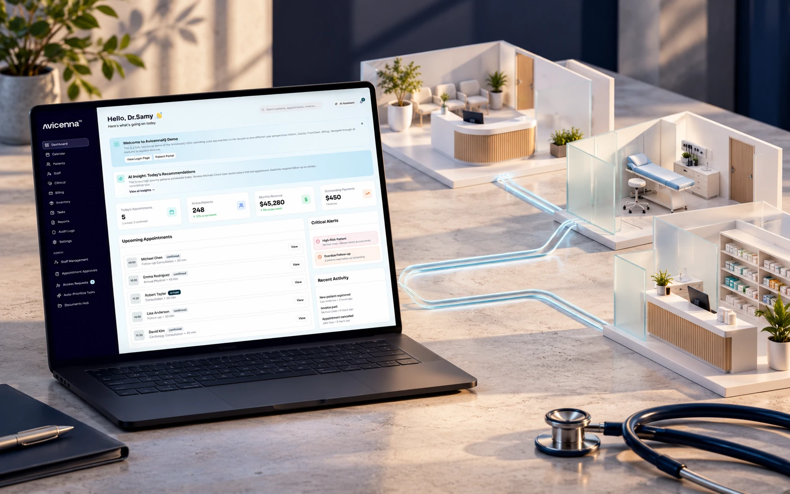 AvicennaIQ clinic software screen with connected treatment rooms