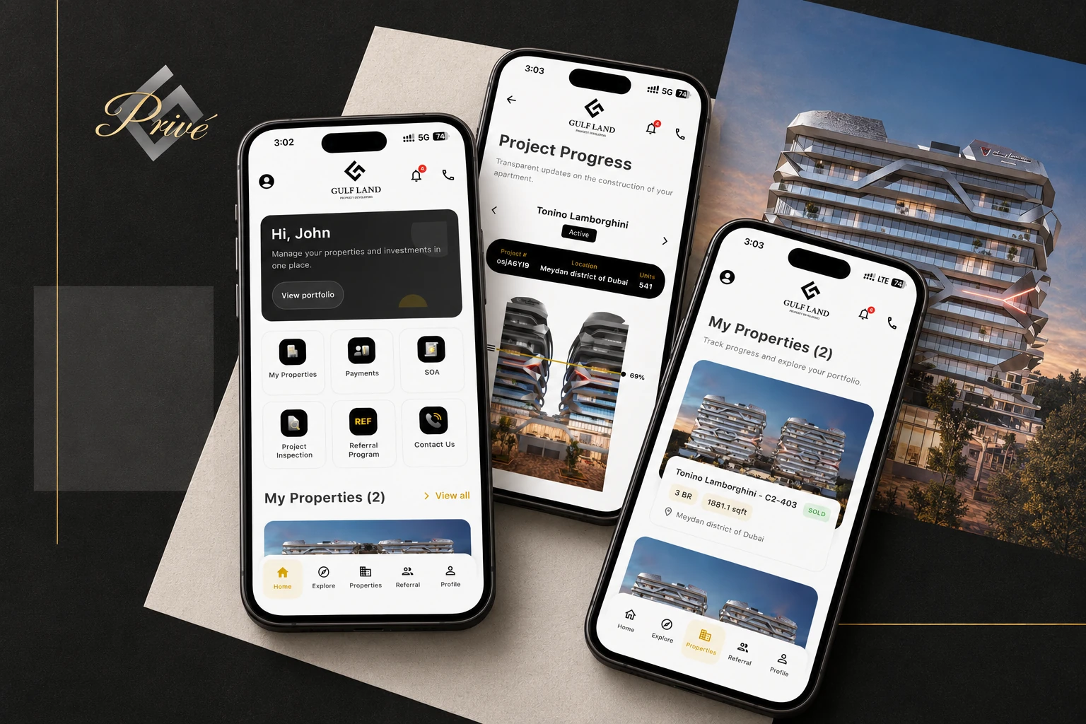 GLPD Privé property app presented on three phones beside residential architecture.