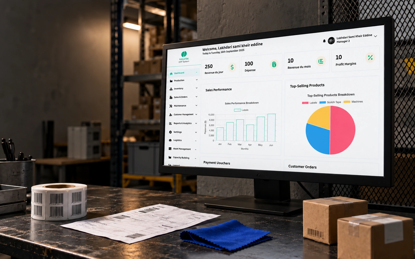 Nadatek ERP dashboard in a manufacturing setting