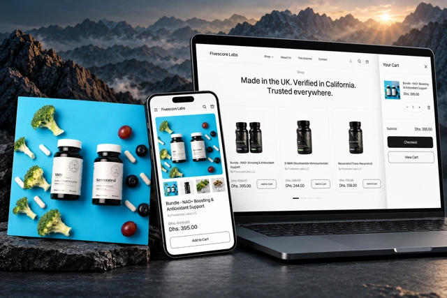 FiveScore Labs online store and product presentation on laptop and phone